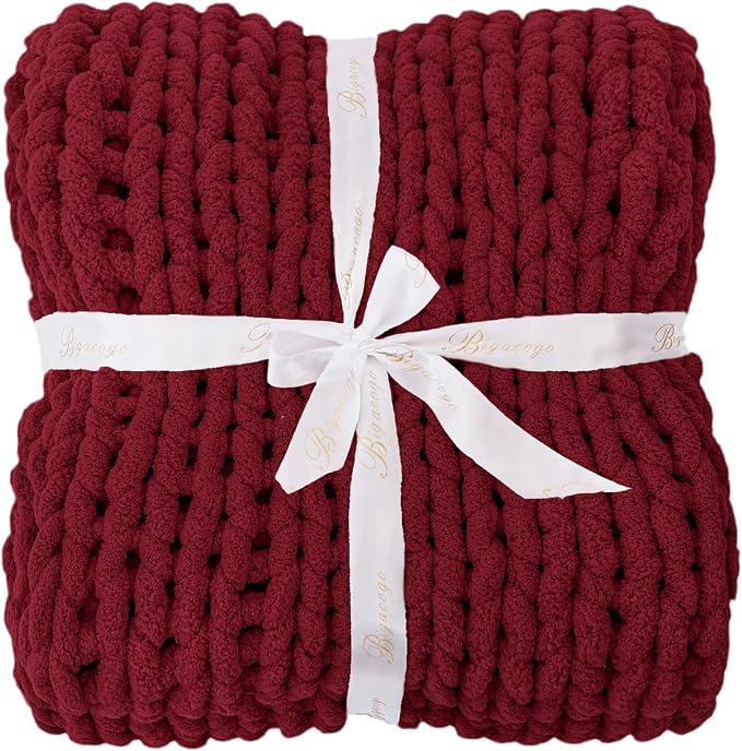 Bigacogo Chunky Knit Throw Blanket for Couch, 51x63 inches, Red | Hand Knit with Jumbo Chenille, Soft Breathable Cable Knit for Sofa Bed Living Room, Machine Washable, Gift for Mom Friend