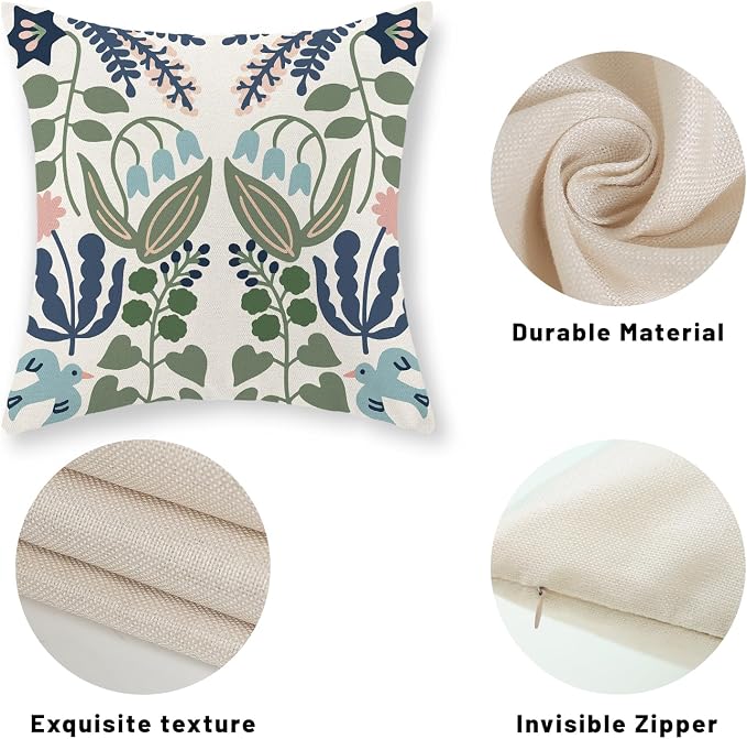 Boho Navy Blue Green Flower Pillow Covers 16x16 Inch Set of 2 Sage Green Floral Throw Pillows Vintage Flower Outdoor Pillowcase Linen Seasonal Decorations Farmhouse Cushion Case for Sofa Home