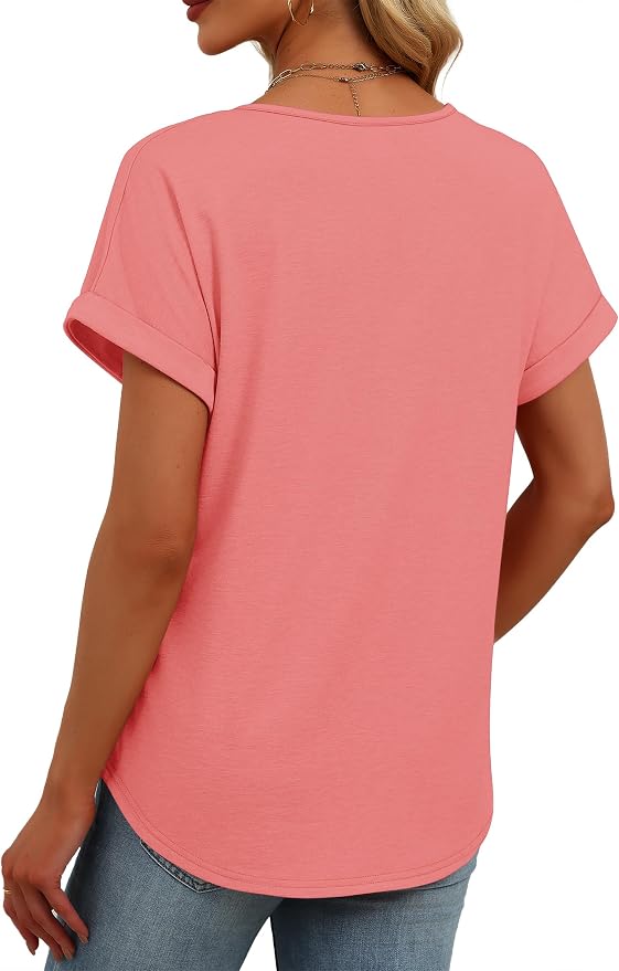 Womens Tops Dressy Casual V Neck Rolled Sleeve T Shirts Fashion Clothing Business Casual Outfits Beach Vacation Clothes