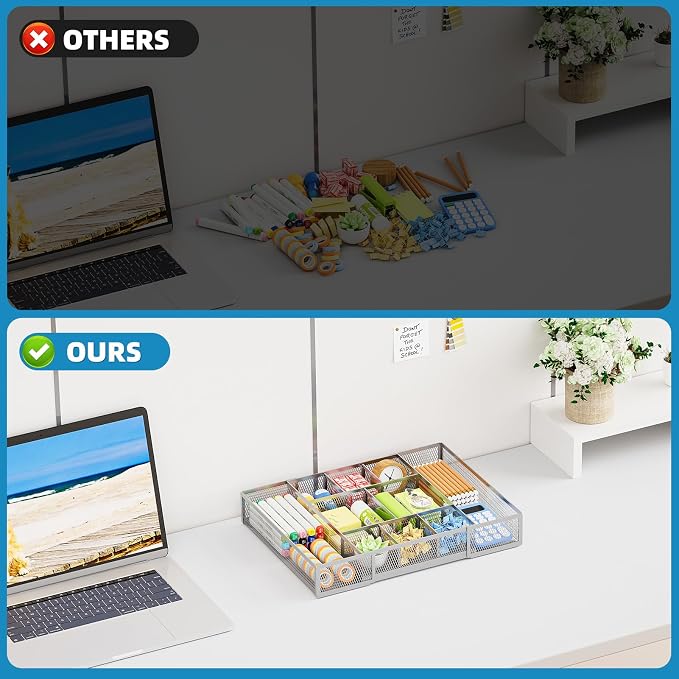 Marbrasse Expandable Desk Drawer Organizer, Mesh Tray with 10 Adjustable Compartments, Desk Organizers for Office Supplies, Makeup & Vanity (Expandable-Silver)