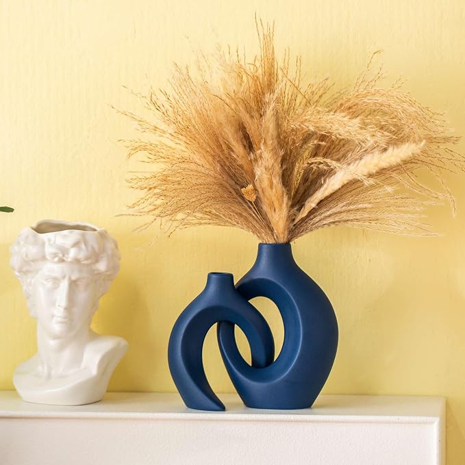 Lvases Snuggle Hollow Ceramic Flower Vase, Minimalist Decorative Vases of 2 | 8.4" Nordic Boho Home Decor Vase for Modern Aesthetic Ins Style Living Room Coffee Table Centerpieces Pampas Grass Decoration