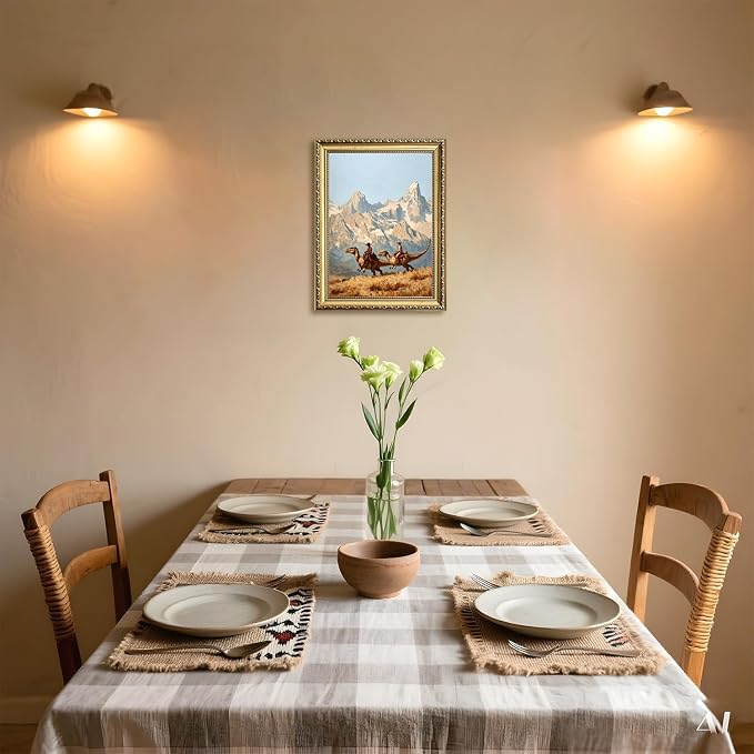 Gold Framed Dinosaur Cowboy Wall Art, Funny Western Cowboy Wall Decor Painting Vintage Southwestern Jurassic Canvas Prints Picture for Living Room Bedroom Farmhouse 16x24 Inch