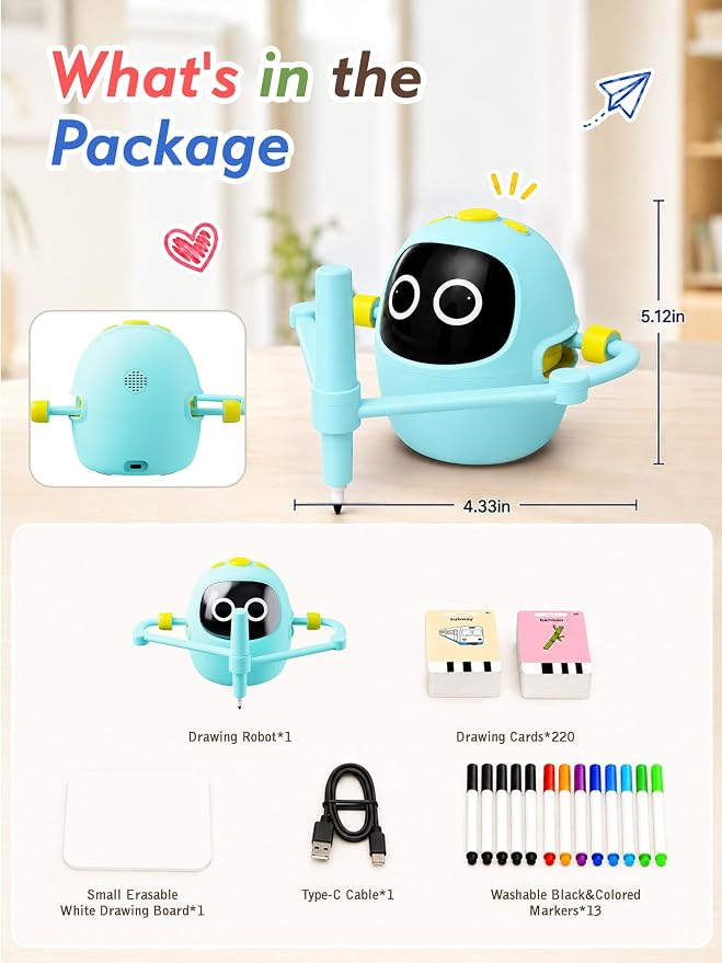 Kikapabi Drawing Robot Toys for Kids, 220 Flash Cards Gift for 3-8 Years Old Boys Girls, Montessori Doodle Art Painting with Voice Interactive for Beginners, Birthday (Blue)
