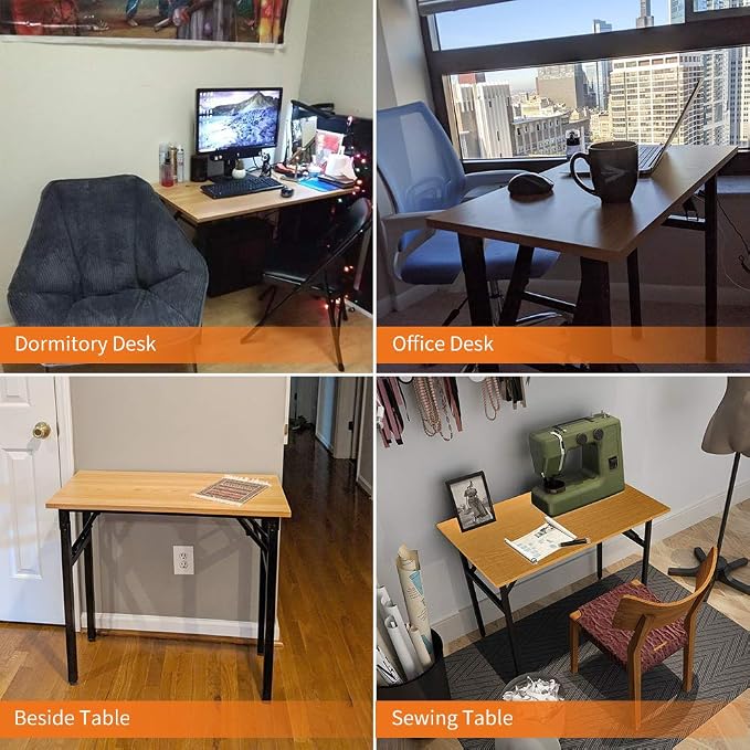 Need Small Computer Desk 31.5 Inch Folding Home Office Table Teak | Black Frame Writing Gaming Work Table/Sturdy Foldable Study Table for Small Space/Dormitory, No Assembly Required