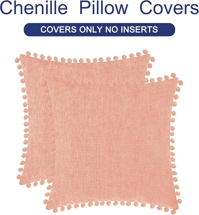 CaliTime Decorative Couch Throw Pillow Covers 20 X 20 Inches Dusty Pink | Pack of 2, Cozy Chenille Cushion Cases, with Pom Poms for Sofa Bed Living Room Farmhouse Home