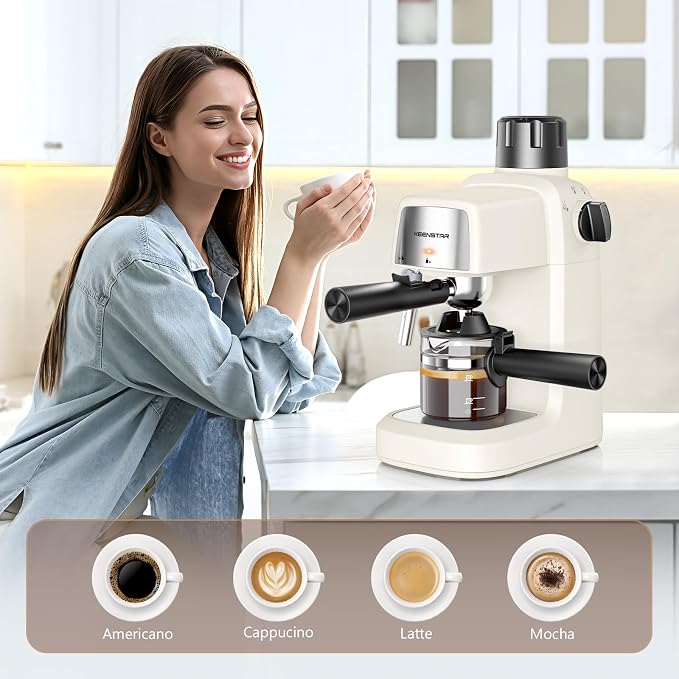 KEENSTAR 3.5Bar Espresso Machine with Milk Frother, 800W Compact Espresso and Cappuccino Maker, Preheating Function, 4-Cup Espresso Maker for Latte or Cappuccino, Gift for Coffee Lovers Upgrade | Milk Frother, 800W Fast Heating, Brew Latte & Cappuccino...