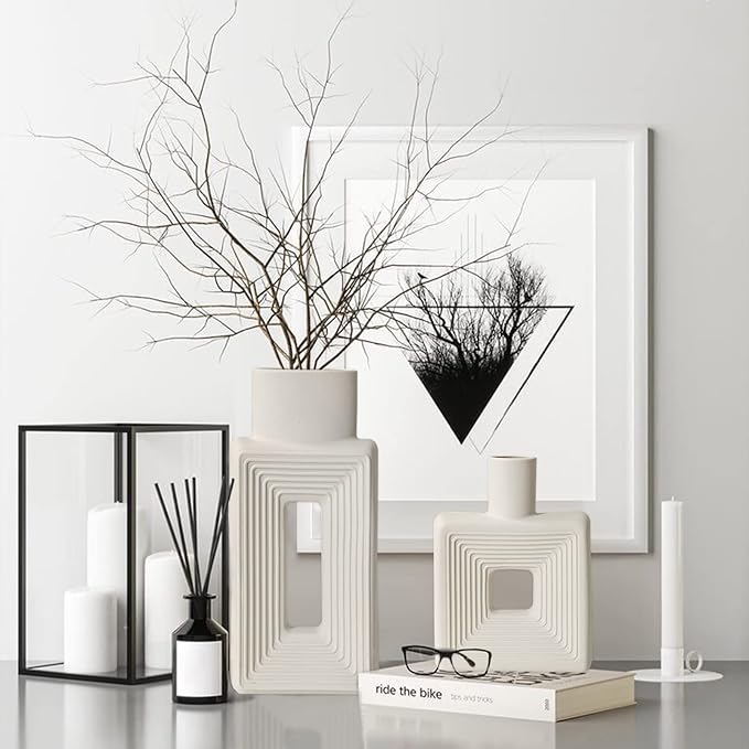 White Ceramic Vase Set of 2,Square Vase Rustic Home Decor Minimalist Nordic Boho Style for Living Room, Shelf, Table, Bookshelf, Mantel and Entryway Decor Vases