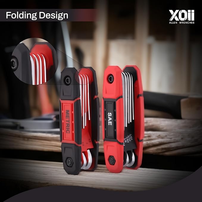 17PC Folding Allen Wrench Set | SAE & Hex Set | Durable Portable Tool for Automotive, Bike, Home & DIY Repairs | Complete Multi-Size Allen Key Set for Workshop (Red) (Red)