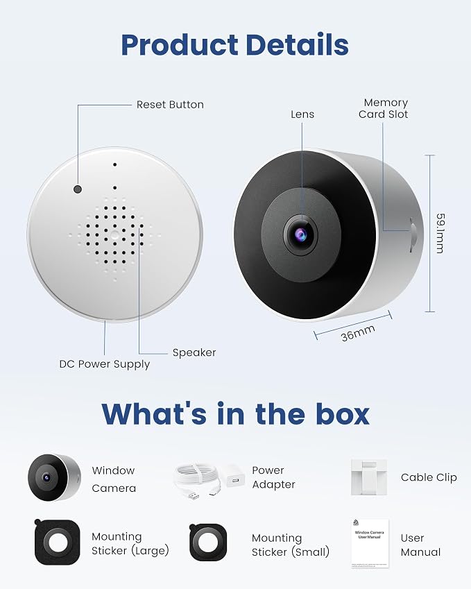 2K Window Camera, WiFi 6 Indoor Camera for Home Security, Full-Color Night Vision, Motion Detection, Anti-Glare Through Glass, No Drill, 24/7 Recording, Renter-Friendly