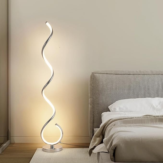 ADISUN LED Modern Floor Lamp for Living Room, Spiral Floor Lamp for Bedroom, 48W Dimmable Floor Lamps for Living Room Office Dining Room-Silver Remote Control