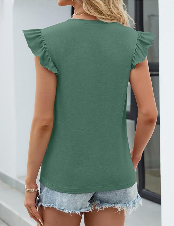 JUSTFASHIONNOW Womens Summer Tops Striped T-Shirts 2026 Ruffle Short Sleeve Crew Neck Casual Blouses with Pocket