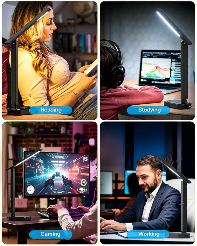 LED Desk Lamp Power Strip with 4 USB 3 Outlets, Dorm Room Essentials, Black | One Beat 4 Modes 5 Level Brightness Touch Lamp, Small Desk Lamp for Home Office College Dorm Essentials, Study Reading Light