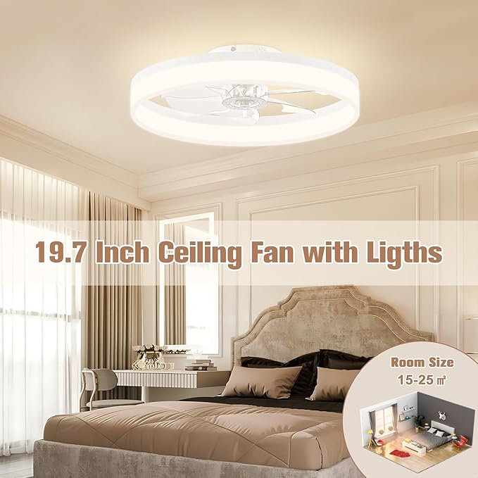 VOLISUN Low Profile Ceiling Fans with Lights and Remote, 19.7in Fandelier Ceiling Fan Flush Mount, 3000K-6500K Smart Bladeless LED Fan Light, White Modern Ceiling Fans with Lights for Bedroom