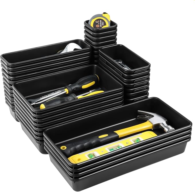 60PCS Tool Box Organizer Tray Divider, More Large Sizes-5 Sizes Desk Drawer Organizers Garage Tool Organizer and Storage, Black Plastic Tray Organizer Bins for Home Office Supplies and Tools