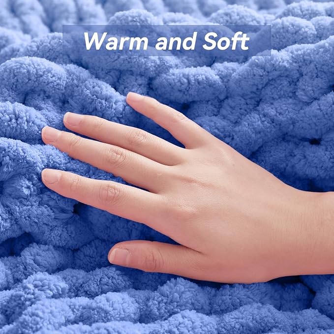 Negwoo Chunky Knit Throw Blanket, Knitted Throw Chenille Yarn, 80"*90" | Soft Thick Cable Knitted Blankets, Handmade Big Thick Blanket, Machine Washable Cute Comfy Blanket for Home Decor, Light blue