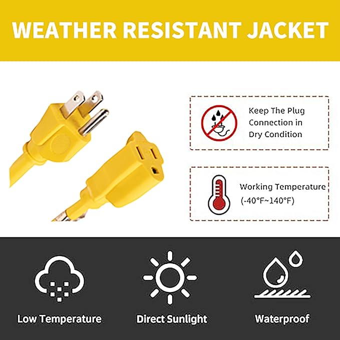 Indoor/Outdoor Extension Cord, 10 Gauge 8FT Yellow, 3 Prong Heavy Duty, Weatherproof, UL Certified, 15A Power Cord for Outdoor Lights, Appliances, Lawn