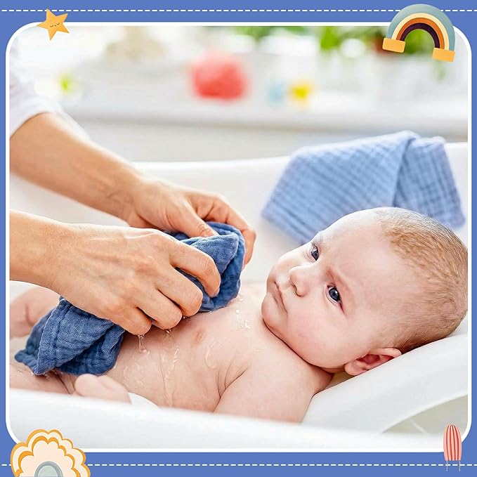 8 Pcs Baby Washcloths for Newborn 12 x 12 Inch Muslin Face Towels Cotton Absorbent for Delicate Skin Soft Muslin Cloth Reusable Baby Registry as Shower Gift, 4 Colors (Dark Blue)