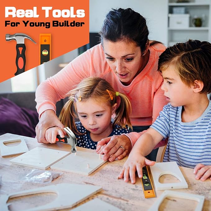 INCLY 18PCS Kids Tool Set with Reinforced Belt, Adjustable Waist 20"-32", Boys Real Hand Tools Kit Children Construction Learning Tools Hammer Screwdriver for Home DIY Building & Woodworking