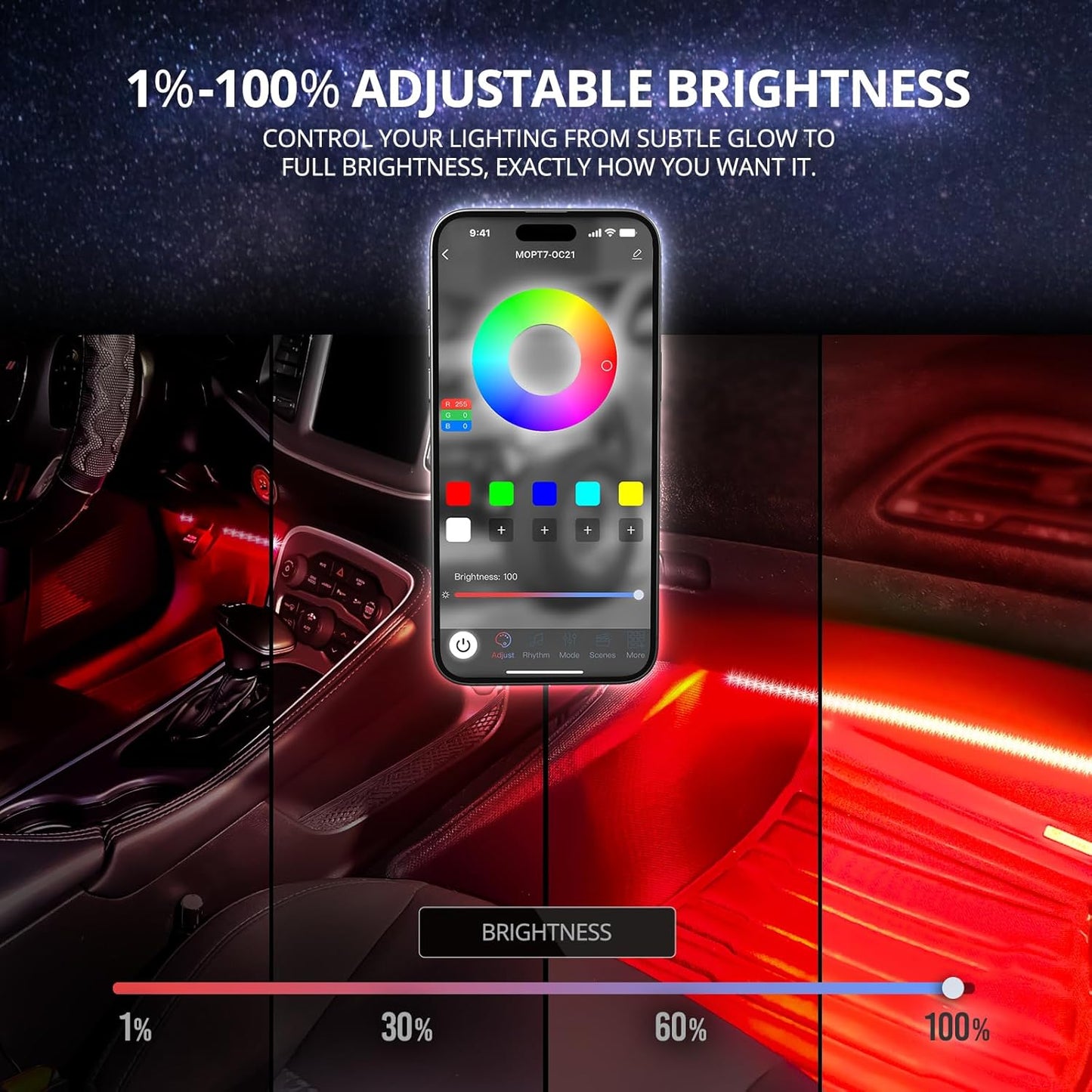OPT7 Aura DreamColor RGB-IC Car Interior Ambient Light, 6PC Single Row LED Strips, Color Chasing Light Kit w/APP & Remote Control, Universal for Vehicles SUV Truck Pickup Van