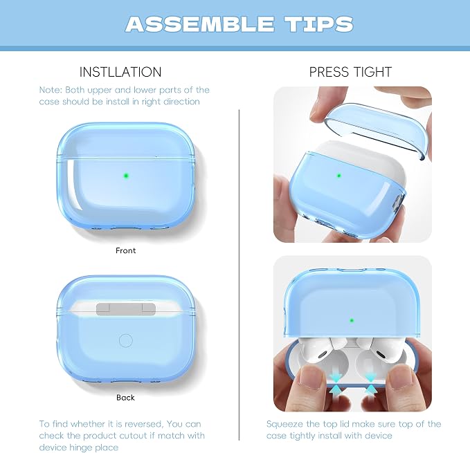 Airpods Pro 2nd/1st Generation Case Cover, Compatible with Airpods Pro Case 2nd Gen USB C Charging Port, Clear Soft Transparent Military Grade Shockproof Case, Clear Blue