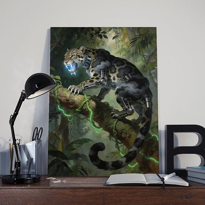 Framed Steampunk Mechanical Leopard Wall Art - Jungle Futuristic Beast Poster for Man Cave Living Room Decor 20x30inch(50x75cm)