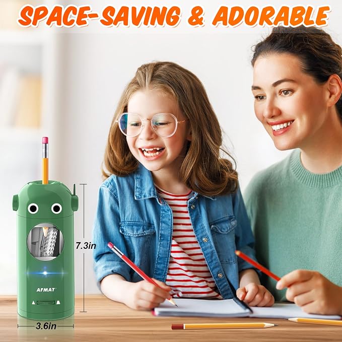 AFMAT Electric Pencil Sharpener for Colored Pencils 7-11.5mm, Fully Automatic Robot Pencil Sharpener, Auto in & Out, Rechargeable Hands-Free for Classroom/Home/Office, Battery Operated, PSX5RB, Green