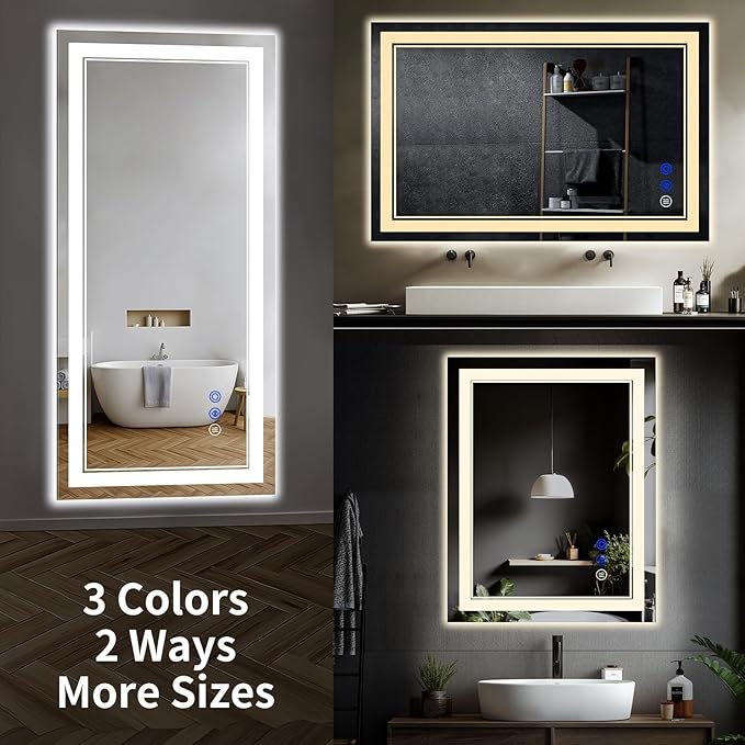 40"x32" LED Bathroom Mirror with Anti-Fog, Stepless Dimmable Lights, 3 Color Modes, Shatter-Proof Tempered Glass,Waterproof Design