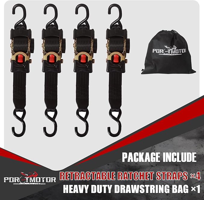 4 Pack Retractable Ratchet Straps (2" × 10'), 3000LBS Break Strength Self Retracting Ratchet Straps Heavy Duty Retractable Tie Down Straps for Motorcycle, Trailers, Boats, ATVs, UTVs