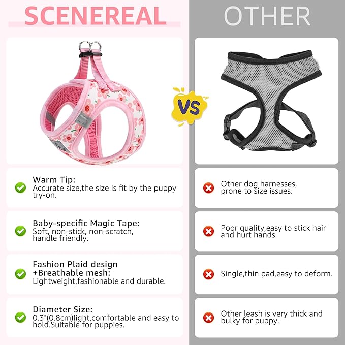 SCENEREAL Small Dog Harness and Leash Collar Set, Step in Soft Light Puppy Vest, Breathable Pet Harness for Small Sized Dogs, No Chock Reflective for Safe Outdoor Walking, Pink Flower S