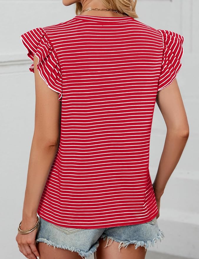 JUSTFASHIONNOW Womens Summer Tops Striped T-Shirts 2026 Ruffle Short Sleeve Crew Neck Casual Blouses with Pocket