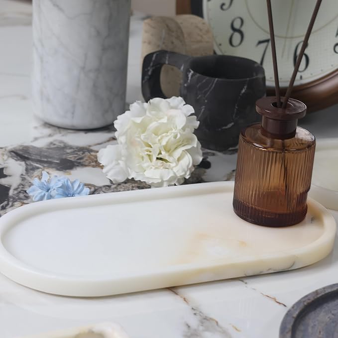 Marble Vanity Tray Organizer - 9.8"x5" Italy Natural Stone Decorative Tray,Jewelry, Perfume & Candle Display Tray,Bathroom Vanity, Dresser Top, Nightstand Decor