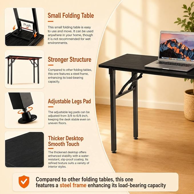 Folding Table Computer Desk - 55.1" No Assembly Folding Desk Design and Foldable Office Desk, Small Desk for Bedroom, Compact Storage Portable Use for Dorm and RV Small Space, Dark Oak