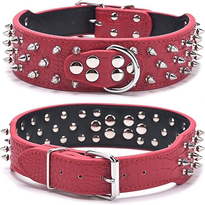 Serijoars Spiked Studded Dog Collar, PU Leather Dog Collar, Adjustable Pet Collars for Medium or Large Breed Pet (S, Red1)