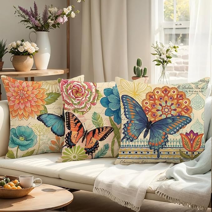 wyooxoo Spring Summer Pillow Covers 20x20 Set of 4 Farmhouse Throw Pillow Covers Linen Flower Butterfly Decorative Pillowcases for Sofa Couch Living Room Outdoor