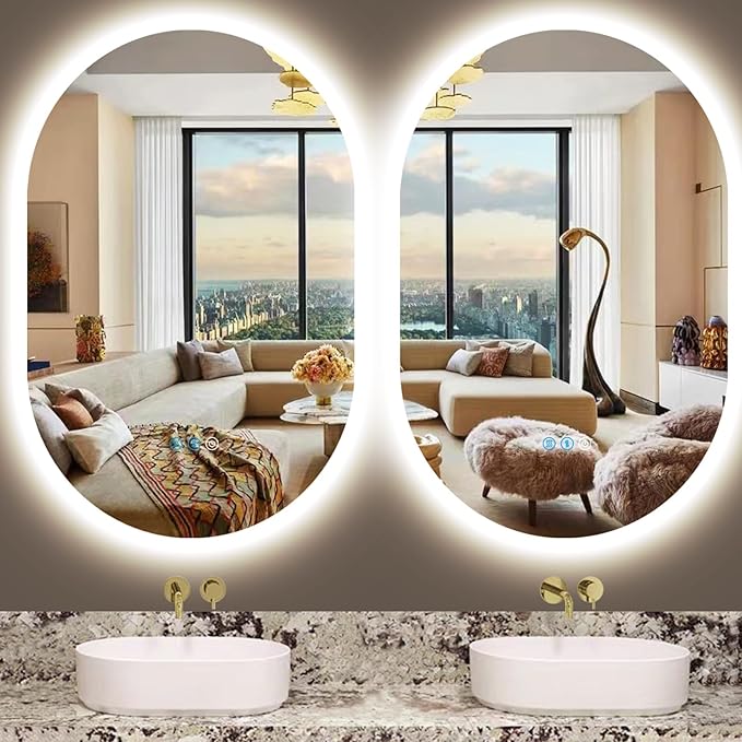 40 x 24 Inch Oval LED Backlit Mirror for Bathroom Salon Wall Horizontal/Vertical Mounted Antifog Smart Memory 3 Color 40 Inch Backlit Frameless LED Oval Lighted Vanity Mirror with Lights