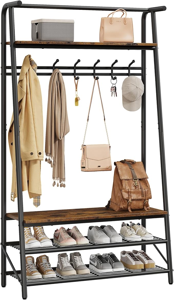 Coat Rack Hall Tree with Shoe Storage Bench, 4-in-1 Entryway Organizer, 6 Hooks & 3-Tier Shoe Rack, Freestanding Metal Frame for Hallway, Front Door