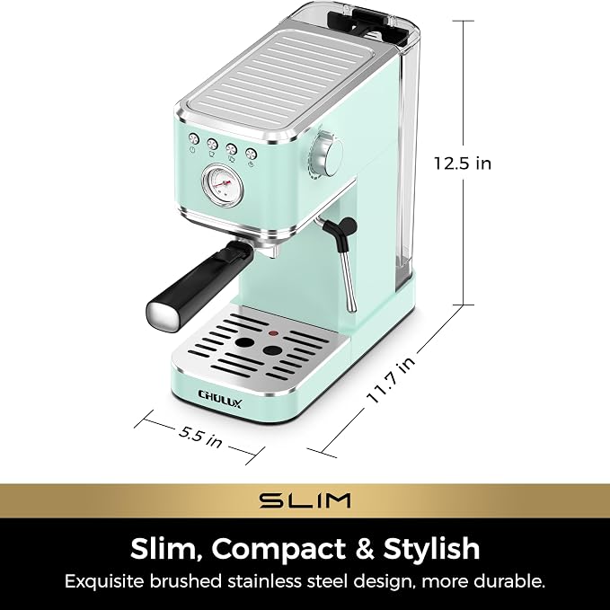CHULUX Slim Espresso Machine with Milk Frother for Home Latte, Pastel Green | Precise Pressure Gauge, Food-Grade Materials, 20 Bar Italian Pump, Professional Temperature Control System, Stainless Steel