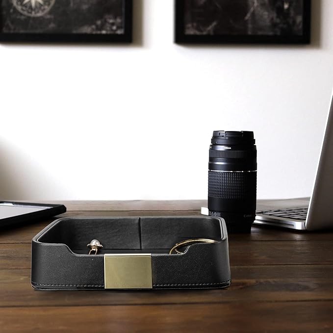 Leather Tray Organizer, Valet Tray Key Bowl (Metal Gilded, Black) | Leather Catchall Tray for Entryway Table Desktop Storage, Decorative Tray for Jewelry Keys Wallet Phone Watch