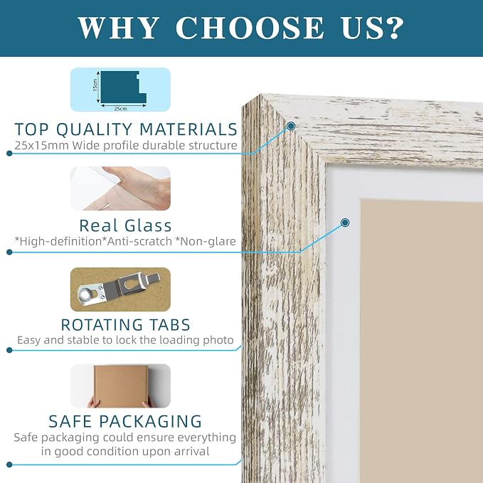 Hongkee 10x10 Picture Frame Set of 4, Made of Glass and Multicolour Wooden Frame, 10 by 10 Photo for Wall or Tabletop - Display Picture 8x8 with Mat or 10x10 Without Mat