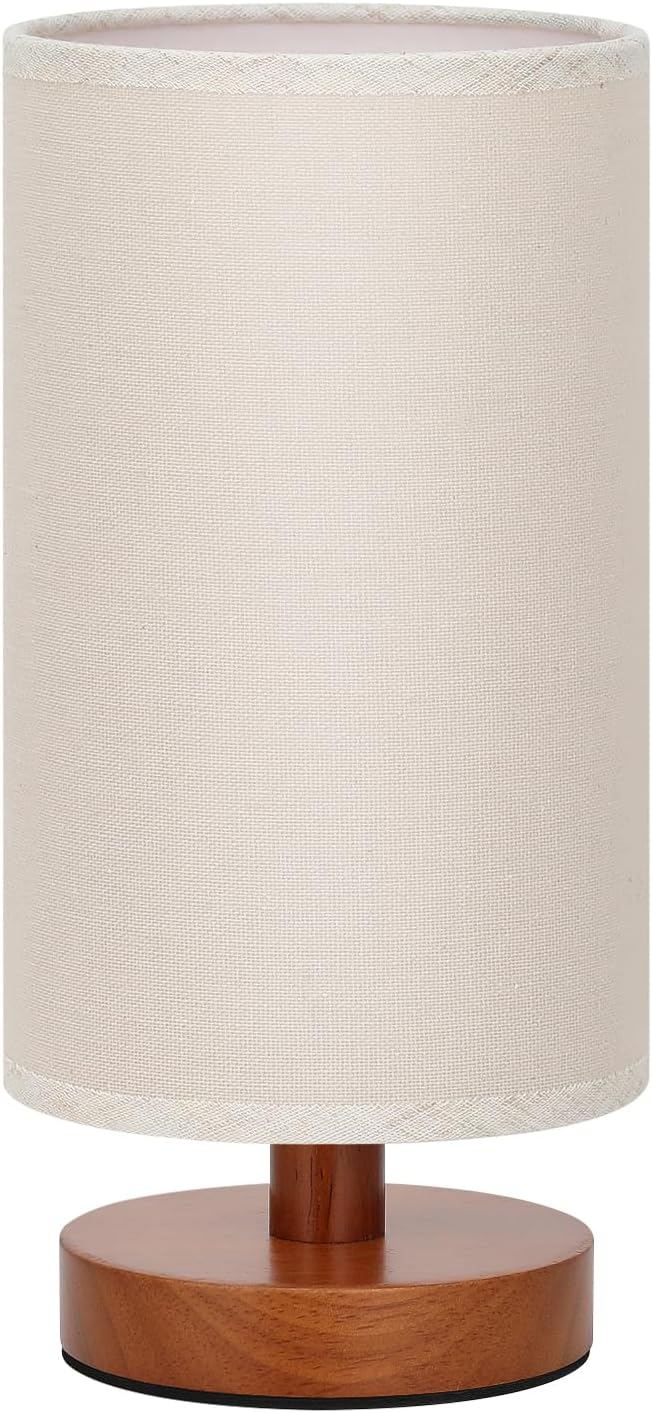 Fenmzee Small Table Lamps (Beige Shade - Walnut Base, 9" Inline Control) | 3000K LED Blub Included | 680 Lumens | Easy Assembly | Minimalist Design | E26 | for Kitchen | for Kids Room