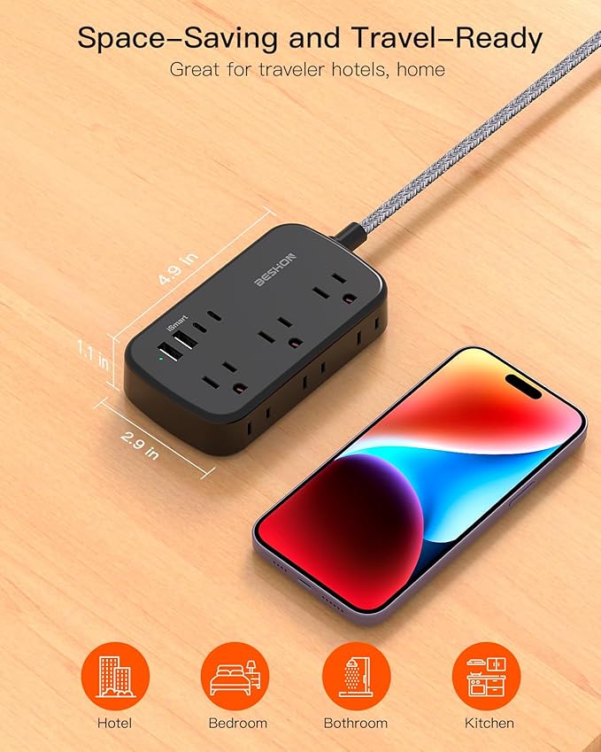 Black Extension Cord 10 ft, BESHON Flat Plug Power Strip with USB C, Ultra Thin Flat Plug Extension Cord - 6 Outlets with 4 USB Ports(2 USB C), Power Strip for Dorm Room Travel Essentials