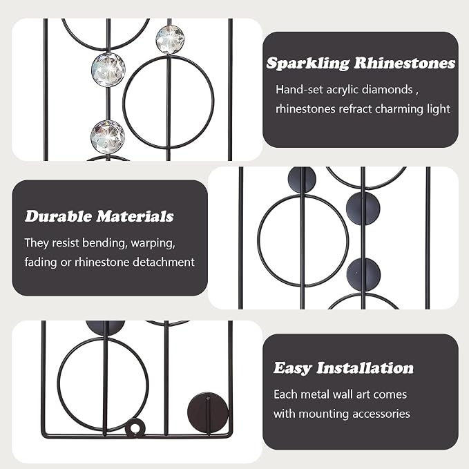 ZEXUIRU 2 Pcs Abstract Metal Art for Wall Decor Living Room Bedroom Bathroom Office Metal Bling Modern Geometric Hanging Vertical Small Iron Sculpture Plaque Pack -Black 15.7in
