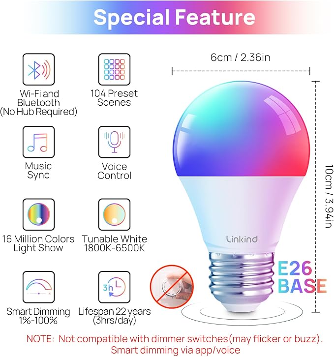 Linkind Smart Light Bulbs, Work with Alexa, Google Home, AiDot | Led Color Changing Light Bulb RGBTW, 2.4G WiFi+Bluetooth, 104 Preset Scene, Music Sync, DIY, Dotis, A19 E26, 60W 800LM, 8Pack