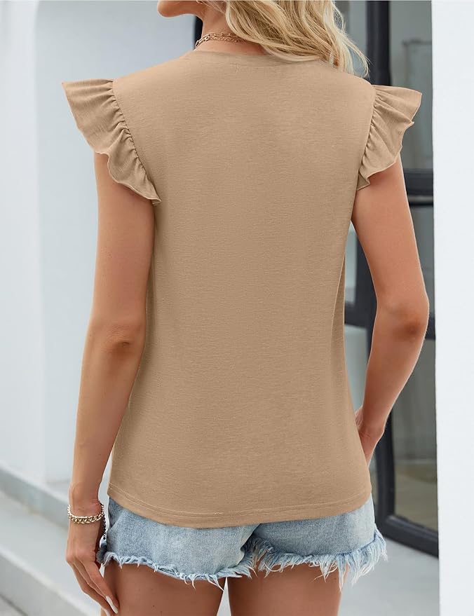 JUSTFASHIONNOW Womens Summer Tops Striped T-Shirts 2026 Ruffle Short Sleeve Crew Neck Casual Blouses with Pocket