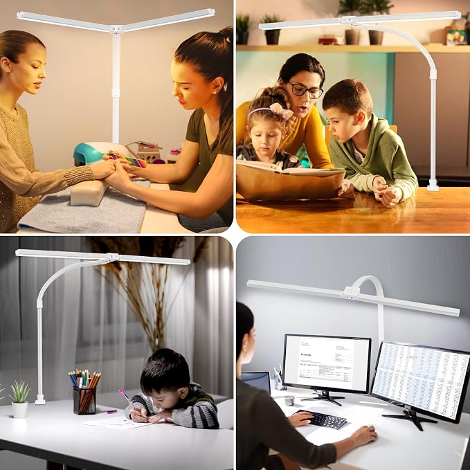 LED Desk Lamp with Clamp and Base, Dual Head Monitor Light | 24W Dimmable Eye-Caring Task Lamp with Timer, Anti-Glare Cover and Gooseneck for Home Office Dorm, Workbench and Study