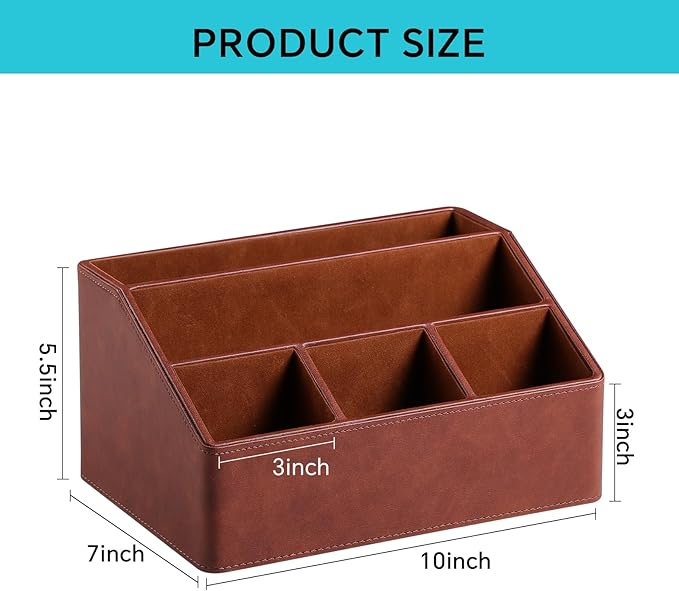 Remote Control Holder with 5 Compartments for Office Art Supplies, PU Leather Nightstand Organizer Pencil Pen Desk Caddy for Home, Desktop TV Remote Control Organizer Storage (Brown)