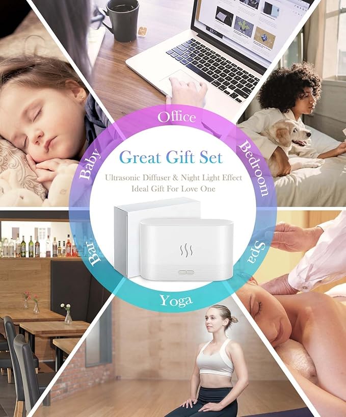 Essential Oil Diffuser Humidifer with Flame Light Effect, 180ml Air Diffuser for Essential Oils, Humidifiers for Bedroom with 2 Brightness, Auto-Off Function(White)