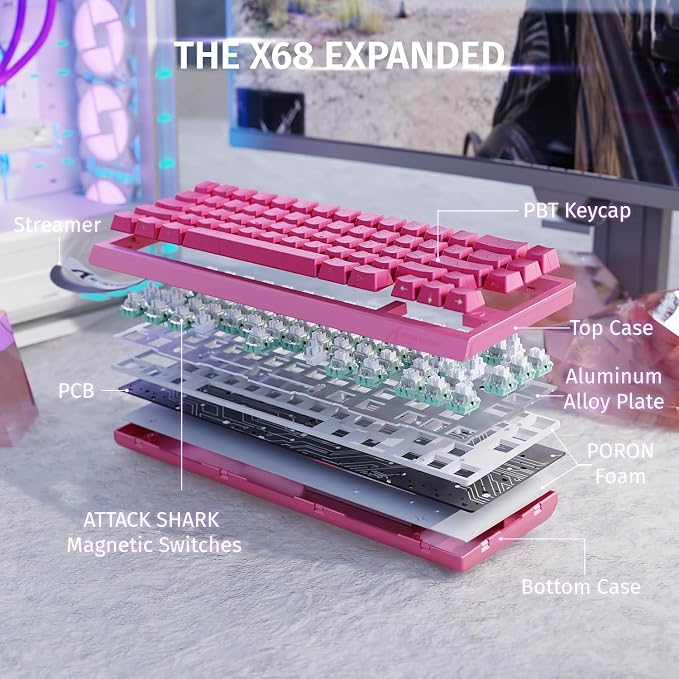 ATTACK SHARK X68HE RT Mechanical Gaming Keyboard 60% Wired TKL-Rose Contour | Adjustable Actuation,Hall Effect Magnetic Switch,8KHz Polling Rate,RGB Backlit,Top Mount,Side Printed Keycap for PC Mac Gamer