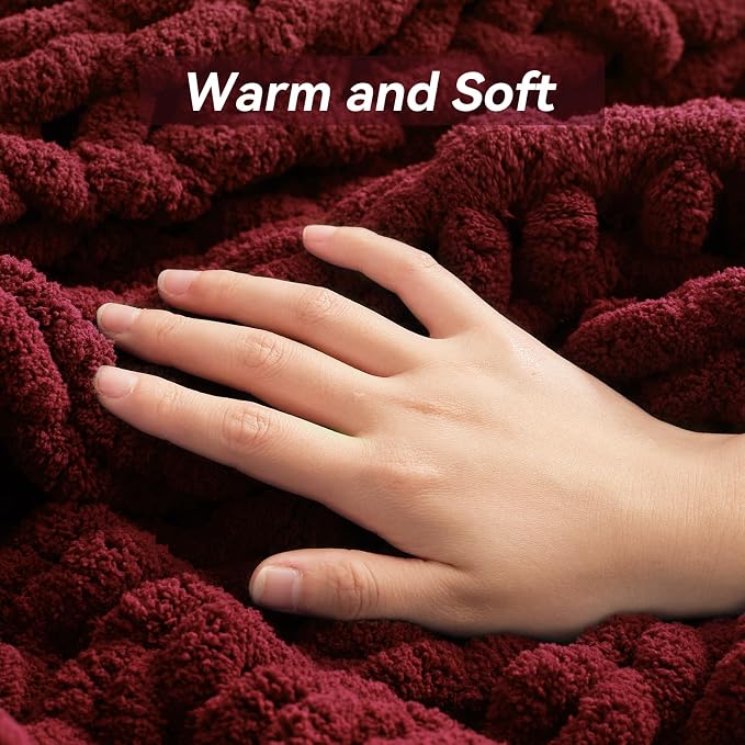 Negwoo Chunky Knit Throw Blanket, Knitted Throw Chenille Yarn, 50"*60" | Soft Thick Cable Knitted Blankets, Handmade Big Thick Blanket, Machine Washable Cute Comfy Blanket for Home Decor, Red