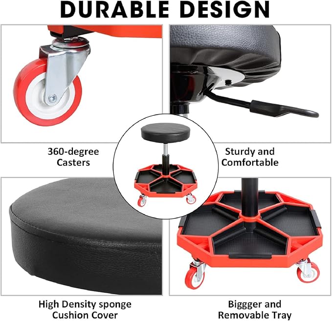 TCE ATRXF8308U Pneumatic Creeper Seat/Padded Adjustable Mechanic Stool with Removable Tool Tray Storage, 300 lb Capacity, Black/Red